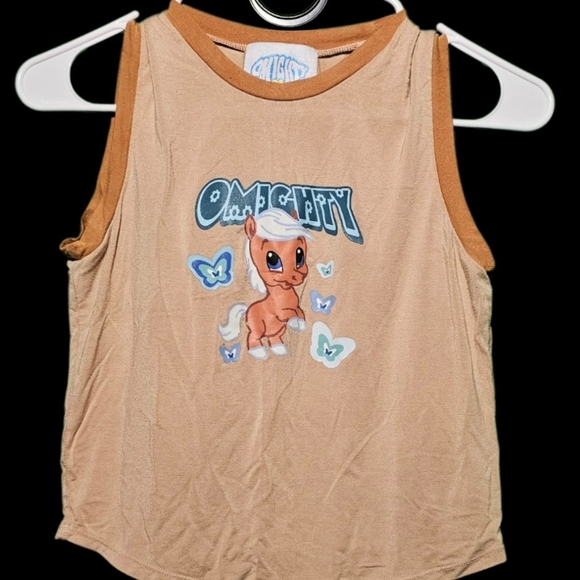 Omighty Y2K Tan Pony Crop Top with Blue and Orange Graphic EUC Medium 17-19 PTP - Picture 2 of 6